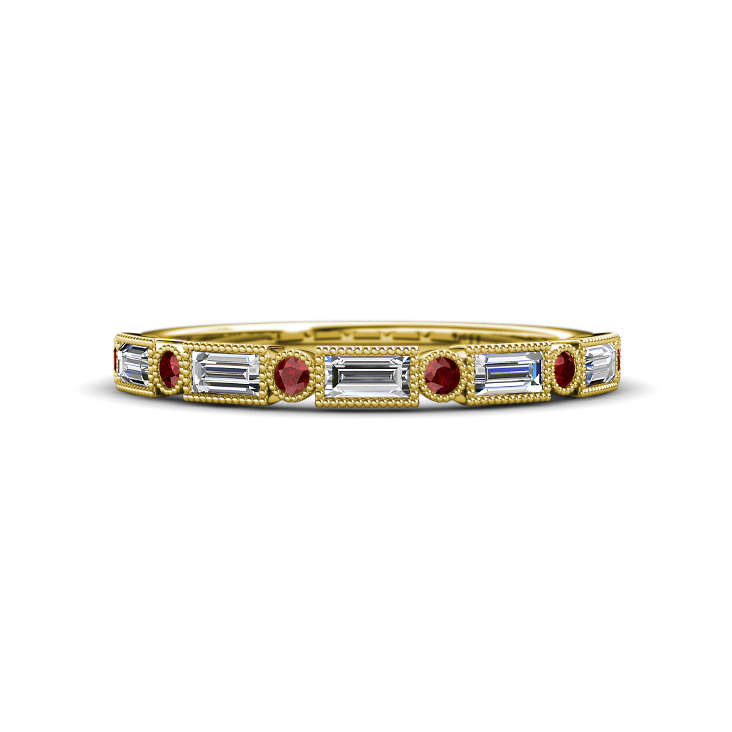 0.68 ctw Baguette Diamond and Round Red Garnet Milgrain Wedding Band 