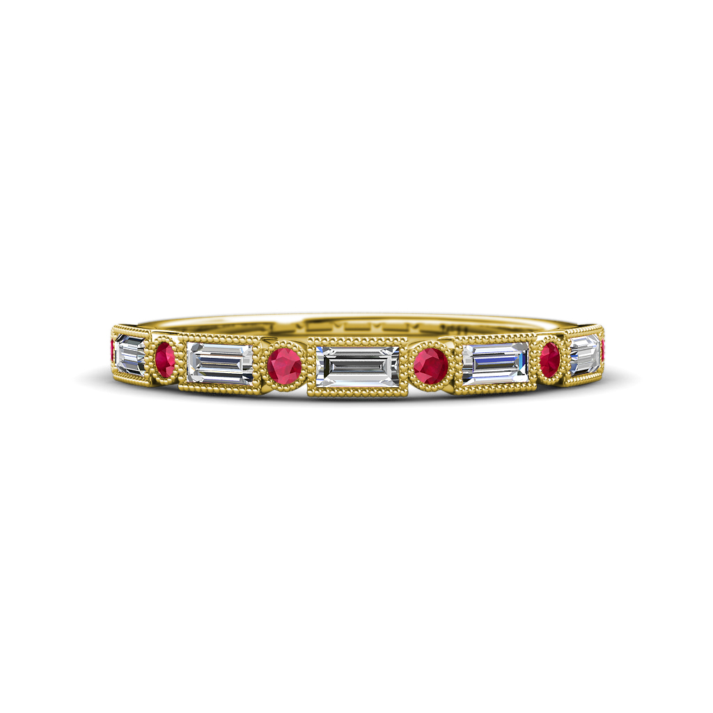 0.68 ctw Baguette Diamond and Round Ruby Milgrain Wedding Band 
