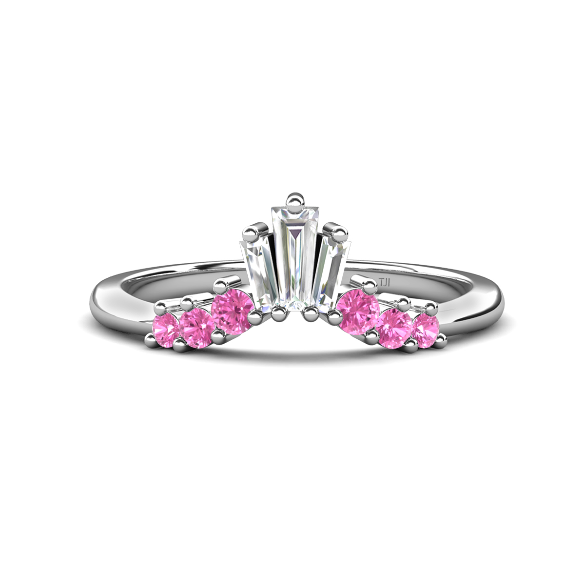 Ahwa 0.40 ctw Tapered Baguette Lab Grown Diamonds Accented Round Pink Sapphire Curved Wedding Band 